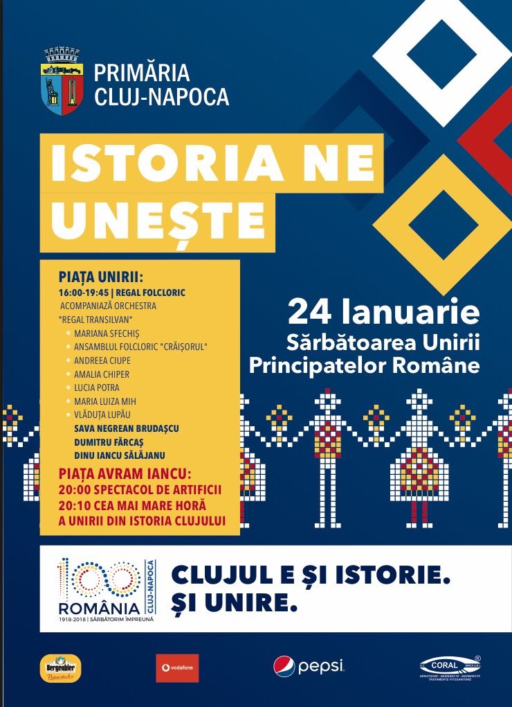 24 ianuarie la Cluj-Napoca: interpreți recunoscuți de muzică populară, iluminat arhitectural, spectacol de artificii și cea mai mare Horă a Unirii din istoria Clujului
