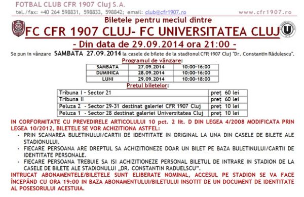 CFR Cluj a pus în vânzare biletele pentru derby-ul de luni