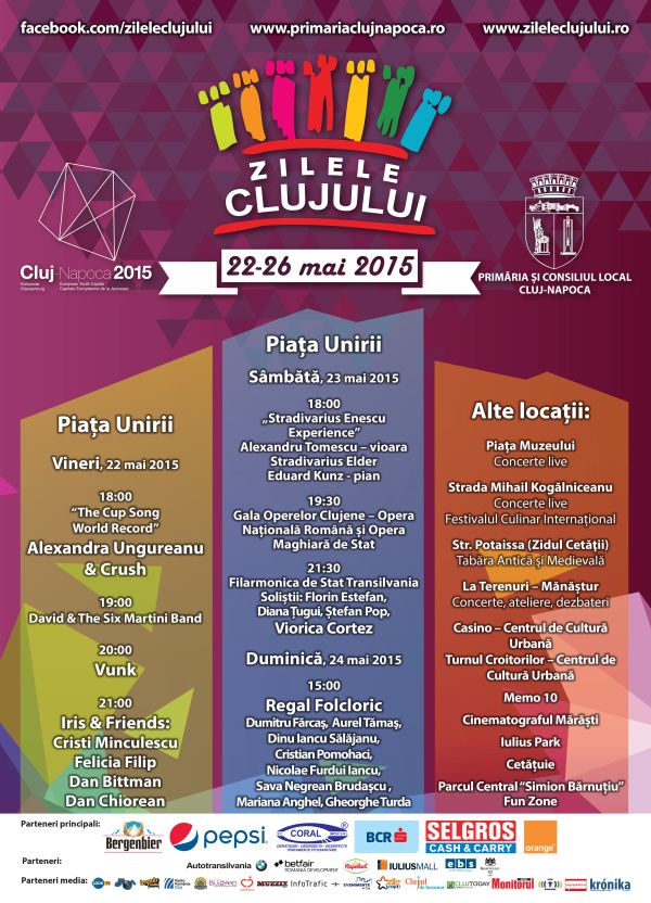 Mai sunt 2 zile până încep Zilele Clujului. Vezi programul pentru Vineri, 22 mai 2015